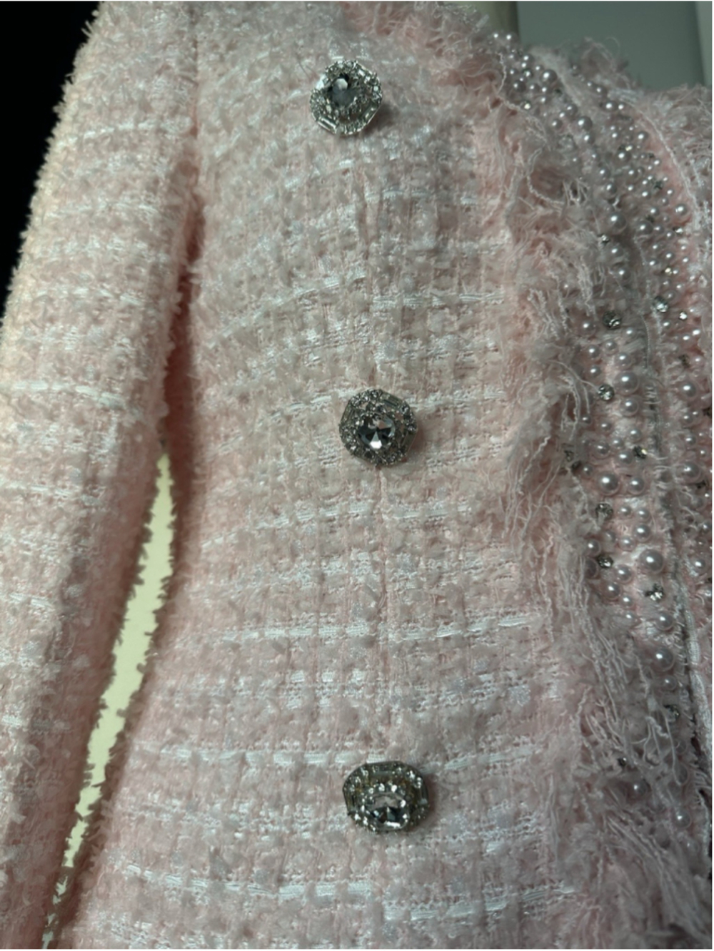 Women's Pink Tweed Jacket Strass &Pearl Size S/M - Picture 3 of 11